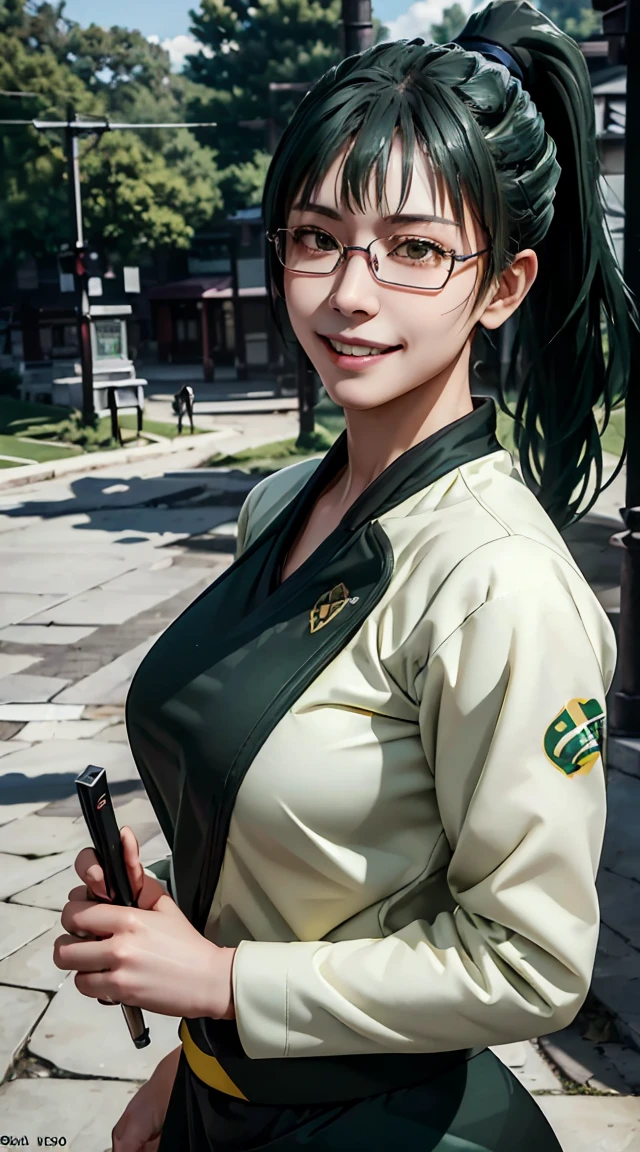 Highest quality, masterpiece, One person, (alone:1.1), Ray Tracing, Super detailed,Detailed face, 8k wallpaper, Wide Hips, Zenyuan Maki NDV, One person, Green Hair, Yellow Eyes, Large Breasts, ponytail, Glasses, Jiu Jitsu Uniform, Jacket,Black Skirt, Outdoor, smile, View your viewers,