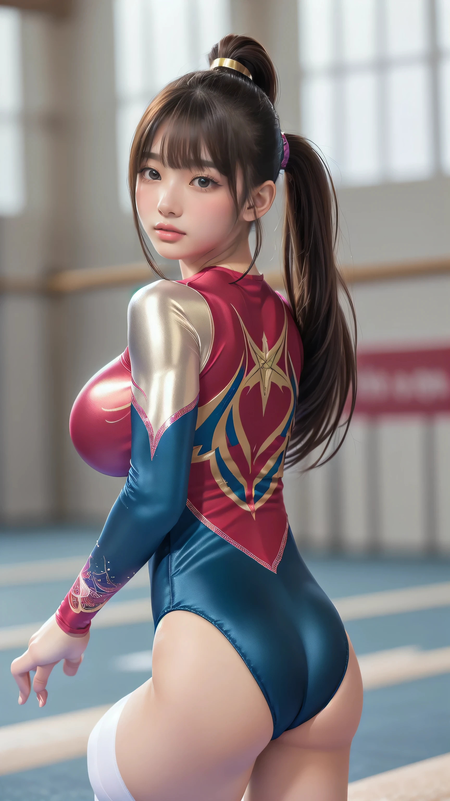 ((indoor, 新Gymnastics competition venues, Gymnastics competition venues:1.3)), Vibrance, Natural colors, (Highly detailed skin, Beautiful realistic face, White skin, Pointed Chest, Small nipples, Accurate anatomy, Realistic eyes, Natural Eyes, Brown eyes, Accurate eye focus, Accurate limbs), (Hyper Realist, ultra-realistic, 4K, Attention to detail, Ultra-high resolution, Highest quality, masterpiece, Presence, dynamic, Uplifting, bold, Sharpness), (Thinning hair:2, Soft Hair:2, Straight hair:1.5, Long, slicked bangs, Light copper amber hair, Hair on one eye, Twin tail hair), (Female gymnast, Detailed costume, Wearing a long sleeve leotard:1.5), Shiny long sleeve leotard, Metallic colors long sleeve leotard, Racing long sleeve leotard, Gymnastics Long Sleeve Leotard, ((High leg long sleeve leotard, A long-sleeved leotard with lots of Swarovski embellishments)), ({Metallic red color| Metallic purple color| Metallic white color| Metallic navy color| Metallic pink color| Metallic gold color| Metallic silver color| Metallic black color| Metallic colors}Long sleeve leotard colors), (Big Breasts:1.5), Tall, Elongated arms and legs, Small waist, Small hips, ((On all fours, Doggy style, I'm sticking my butt up, Sticking out her butt)), Accentuate your buttocks, The long-sleeved leotard is digging into her butt, Showing the whole body, Emphasize the chest, Looking into the camera, smile, barefoot, (Underhair does not grow),