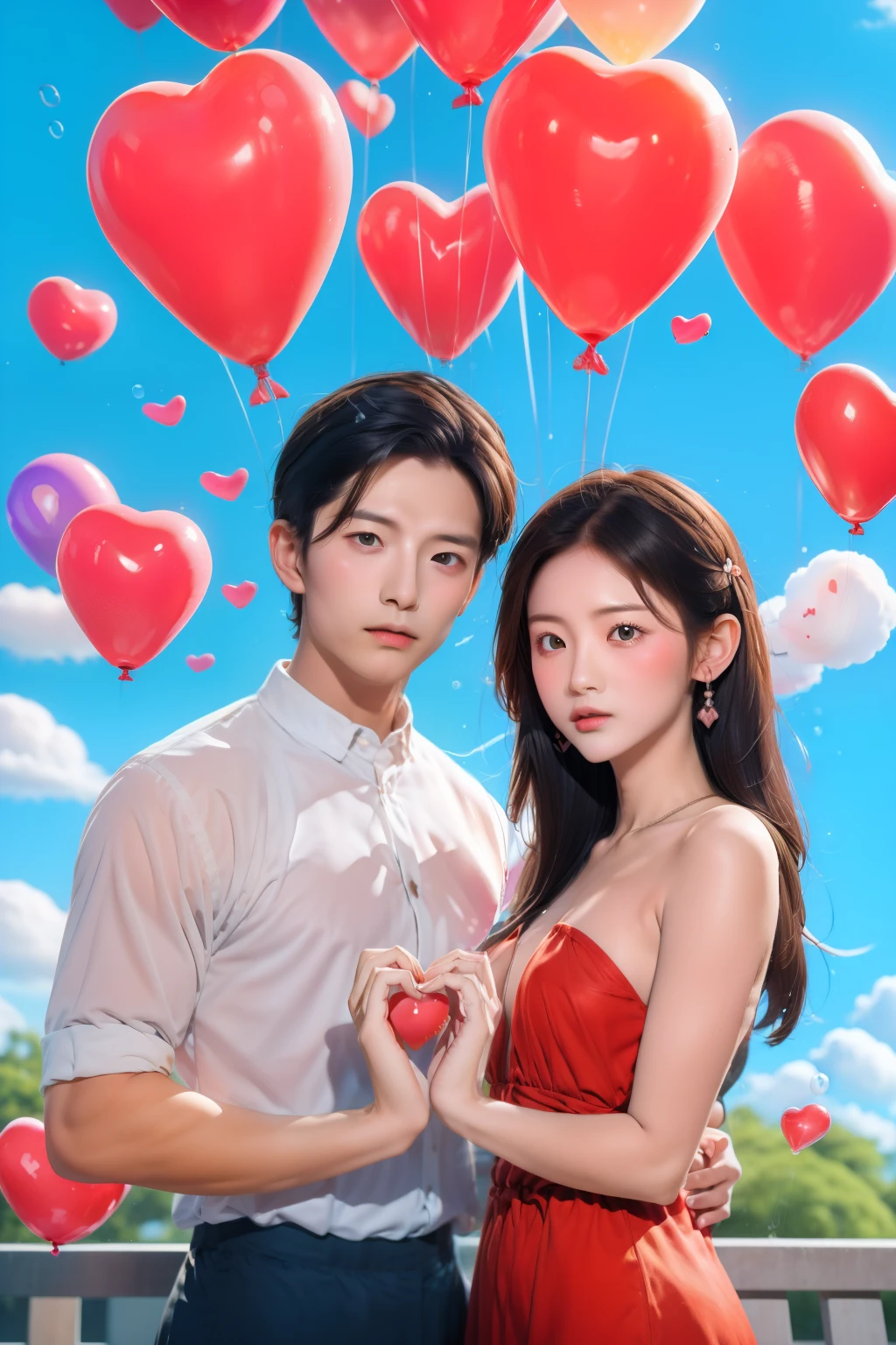 1 man 1 woman,couple,Heart,Hands together,flower,cloud,bubble,rose flower,balloon,cloud,Sky,