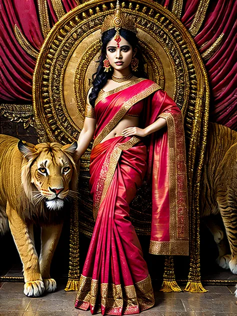 goddess durga in rich red silk saree with golden border, 6 hands, siiting on a lion, fierce, beautiful, full body portrait, (mas...