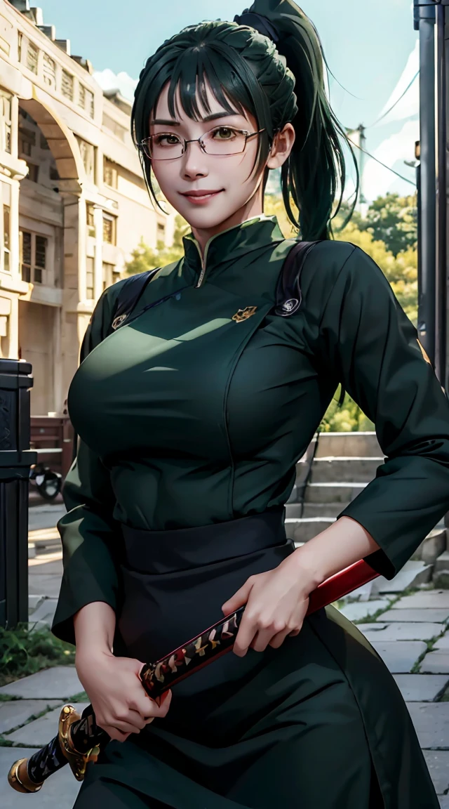 Highest quality, masterpiece, One person, (alone:1.1), Ray Tracing, Super detailed,Detailed face, 8k wallpaper, Wide Hips, Zenyuan Maki NDV, One person, Green Hair, Yellow Eyes, Large Breasts, ponytail, Glasses, Jiu Jitsu Uniform, Jacket,Black Skirt, Outdoor, smile, View your viewers,Grim expression、Holding a sword