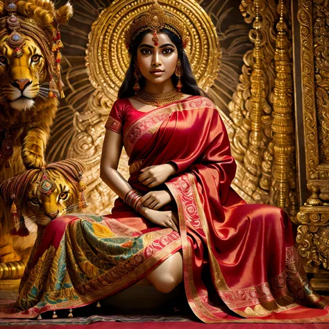 goddess durga in rich red silk saree with golden border, 6 hands, siiting on a lion, fierce, beautiful, full body portrait, (mas...