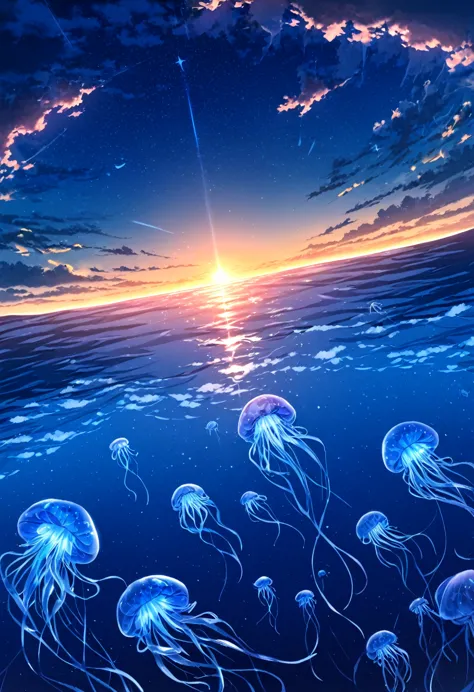 starry, starry light, night, colorful, cloud, star \(sky\), sunset, a lots of blue jellyfishes in the air, big dolphins floating...