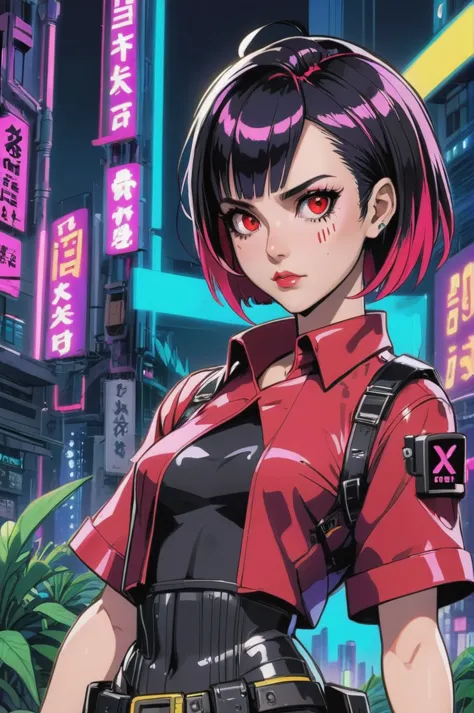 kyotopunk, cyberpunk, animecyberpunk woman with a red shirt, background neon , french bob, amelie poulain, french bob hair, 1 9 ...