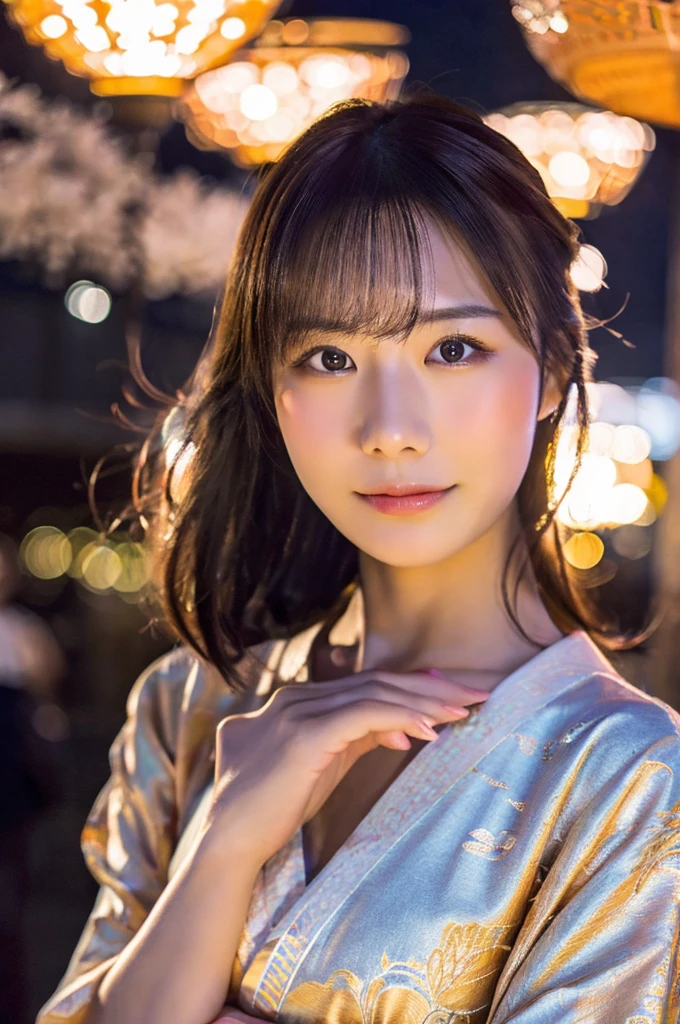 best quality, 8k, very delicate and beautiful, highly detailed face and skin texture, shiny skin, high resolution, sexy japanese girl in kimono on street at night, with firework in the sky, sharp focus
