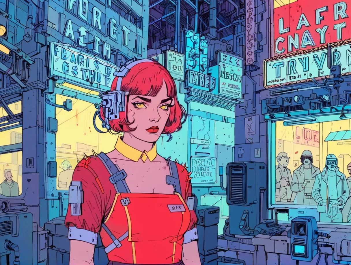 cyberpunk woman with a red shirt, , french bob, amelie poulain, french bob hair, 1 9 3 0 s haircut, mariel hemmingway, , nighttime, cyberpunk city, dark, raining, neon lights , (josan gonzalez ,Neon Night), cyberpunk, synthwave, 1980s, futurism, brutalism, neuromancer, cinematic photo in a rave, detailed hair, very short hair, red hair,analog, the contrast in colors and textures should be distinct highly detailed, surreal, vibrant yet slightly desaturated, faded film, desaturated, 35mm photo, grainy, vignette, vintage, Kodachrome, Lomography, stained, highly detailed, found footage,art by Adrian Tomine
