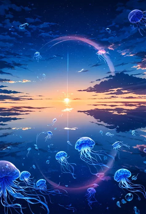 starry, starry light, night, colorful, cloud, star \(sky\), sunset, a lots of blue jellyfishes in the air, big dolphins floating...