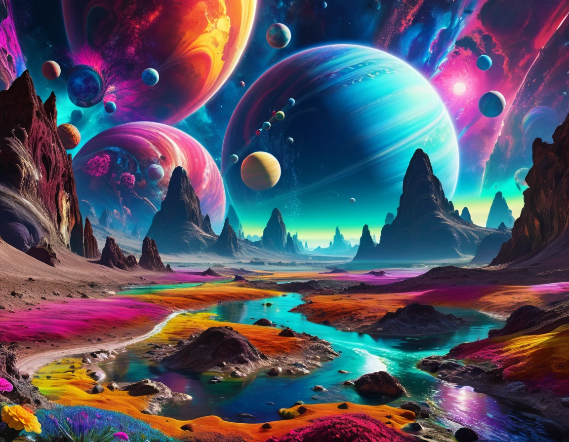 A brightly colored painting，Depicting a river and shining planets in the sky, in an colorful Alien Planet, Alien paradise, Alien Planet, on another planet, Hyperreal space, another planet, in an Alien Planet, psychedelic landscape, on a Alien Planet, on an Alien Planet, The universe is colorful, surreal alien kingdom, psychedelic floral planets, Dark neon universe