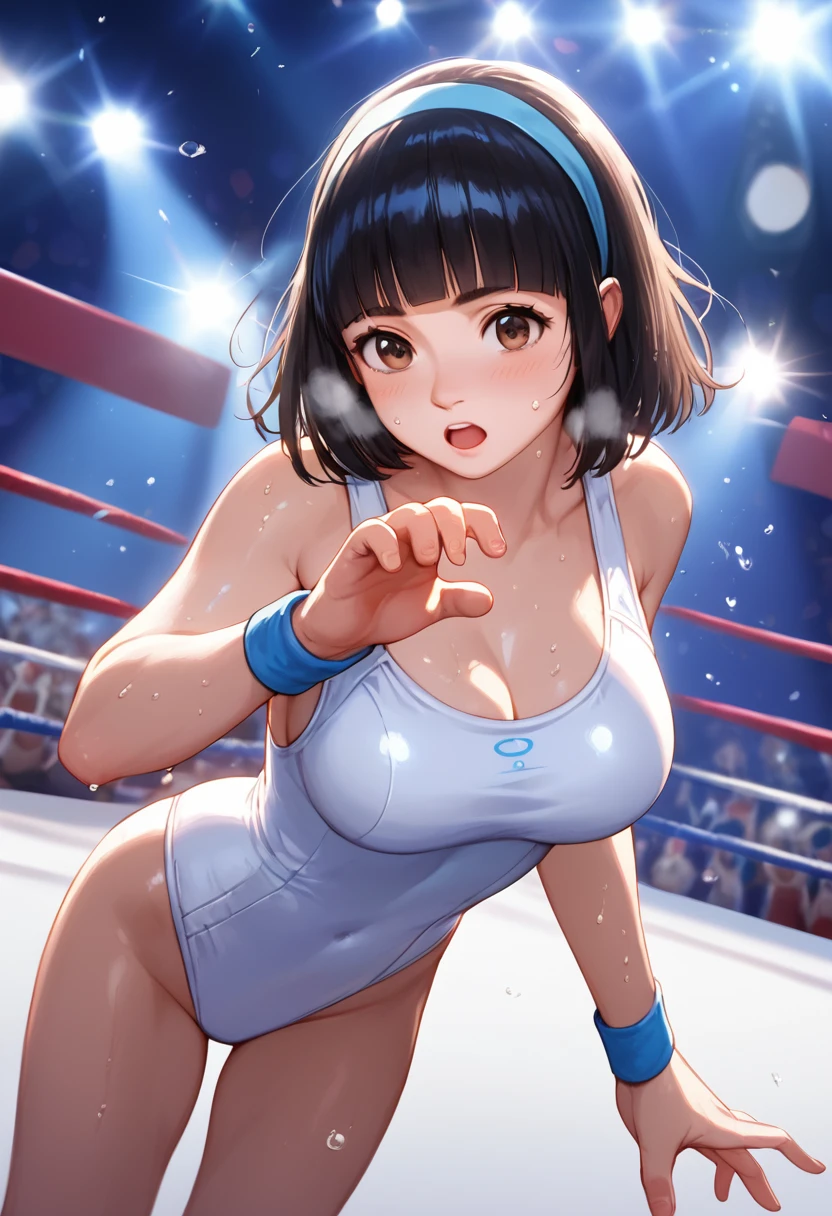 score_9,score_8_Excellent,score_7_Excellent,masterpiece,Highest quality, Source Anime, Realistic, sExcellenter detailed, Very detailed, evaluation_safety,
One person, wrestling, Fighting Pose,
Break Girl, , Straight Hair,hair band, (Blunt bangs), Black Hair, (puppet, small and cute brown eyes), Curled eyelashes, (Large Breasts:0.9),
Shiny Hair, Beautiful attention to detail, Beautiful Face,The body is slim,
(Cute white one-piece swimsuit,Wristband, wrestlingブーツ:1.2), Sweat,
blush, strict, Open your mouth, Heavy breathing, 
stage, wrestling stage, crowd, illumination, Shadow,