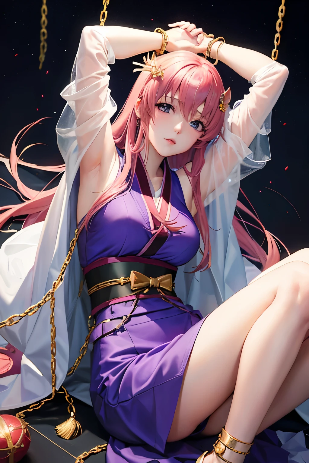 （（（Highest quality、first class、masterpiece、Normal body、8k、Detailed face、Ultra-precision、normal hand、Normal refer to、５refer to、Highest）））、Lacus Clyne、"Gundam SEED"、Purple kimono、White haori、kimono skirt、Prisoner、Constraints、Crucifixion、first round、Chain bondage、Chain makeup、His hands are raised and tied in chains