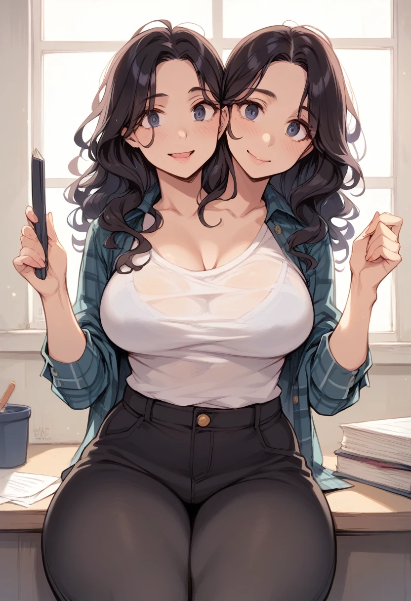 2heads, a thick woman with two heads. She is in a call center office with cubicles. She is wearing an unbuttoned plaid flannel shirt, t-shirt underneath, and black pants. She has messy long curly long dark hair. She has baggy eyes. Messy. She has a big thighs.