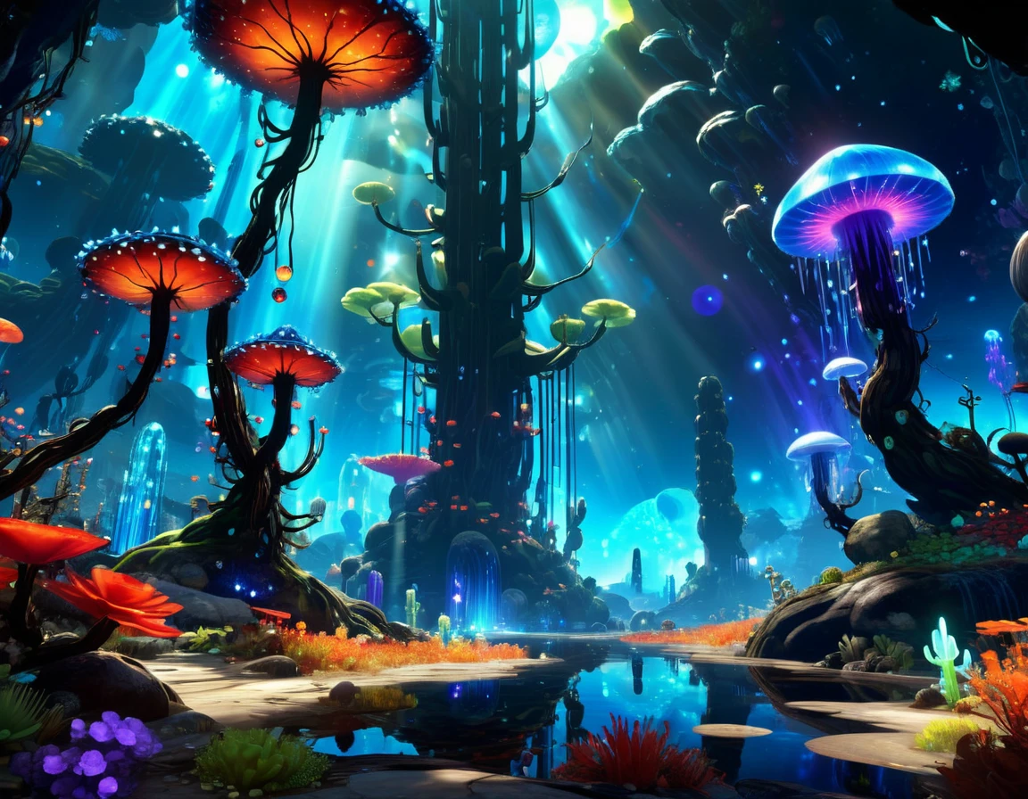 Ori and the Blind Forest Game Style,Extremely detailed, Alien Landscape, Strange tree, Bright red grass, Blue Cactus,Green aurora, (Floating jellyfish),Orange starry sky, meteor,Natural giant perforated crystal column,Flowing blue leaves, Giant glowing mushroom, Fascinating lava lines, Unique hybrid flower, Two shining suns, and the charming red fireflies.