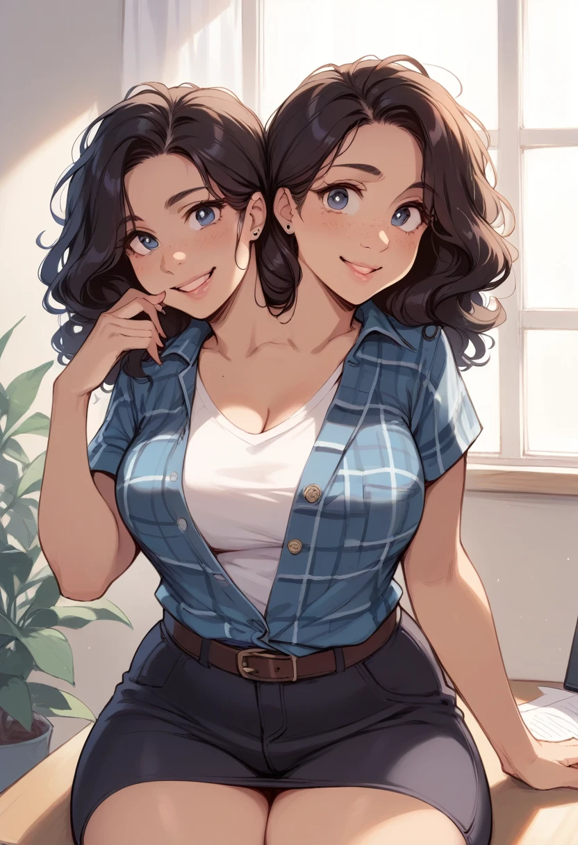 2heads, a thick woman with two heads. She is in a call center office with cubicles. She is wearing an unbuttoned plaid flannel shirt, t-shirt underneath, and black pants. She has messy long curly long dark hair. She has baggy eyes, strong nose. She has a big thighs.