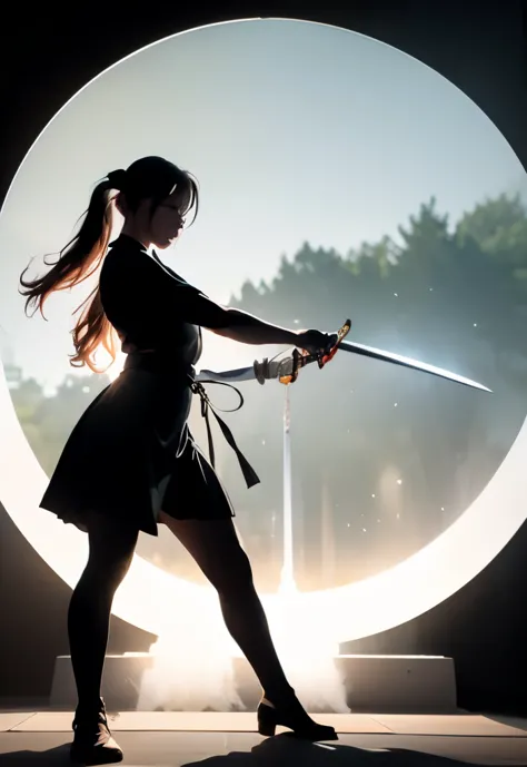 (silhouette of a female lead dancing with sword:1.5),glowing sword,(fighting stance，strong dynamic stance:1.4),on the lake，high ...