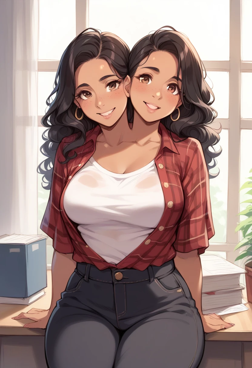 2heads, a thick woman with two heads. She is in a call center office with many cubicles. She is wearing an unbuttoned plaid flannel shirt, t-shirt underneath, and black pants. Native American face. She has messy long curly long dark hair. She has baggy eyes. She has a big thighs. Flirty.