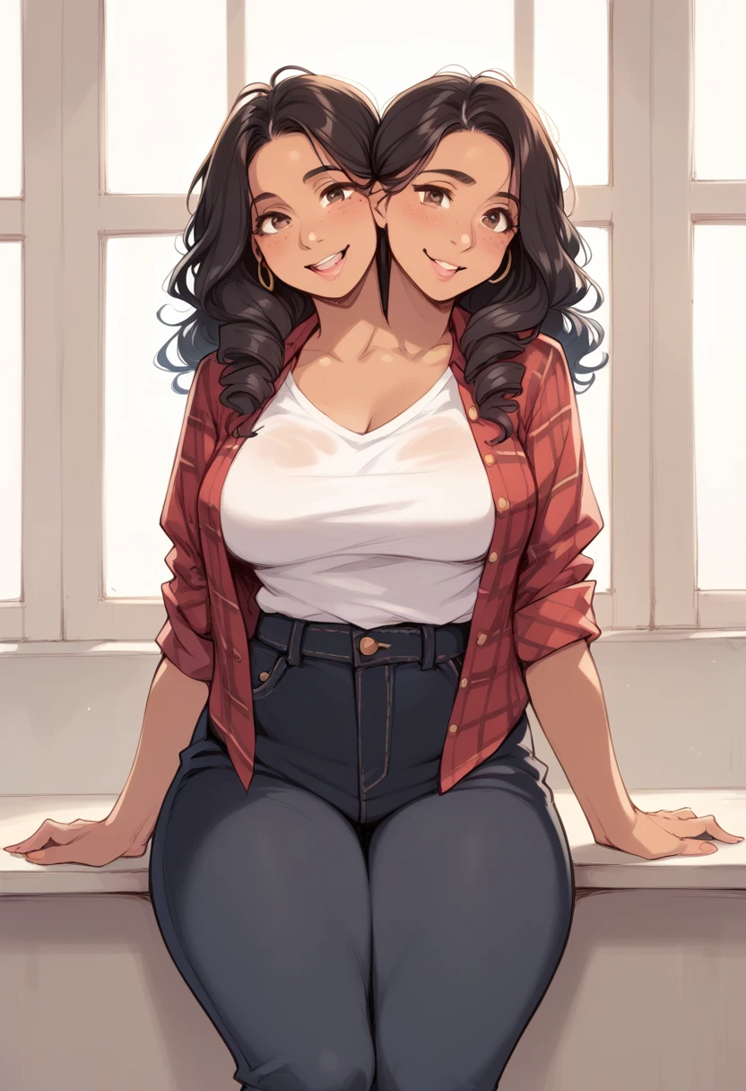 2heads, a thick woman with two heads. She is in a call center office with many cubicles. She is wearing an unbuttoned plaid flannel shirt, t-shirt underneath, and black pants. Native American face. She has messy long curly long dark hair. She has baggy eyes. She has a big thighs. Flirty.