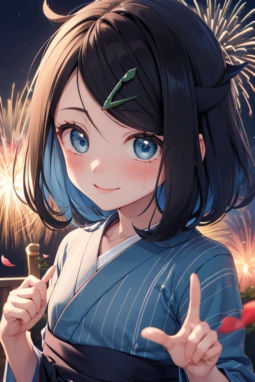 (nsfw), (masterpiece, Highest quality, 8K ultra-high resolution:1.4), 14yo, kawaii, Pokemon Riko, open blouse, ((水色のFrillsのブラジャー)), (A colorful navy blue yukata, Frills, night: 1.4), (Summer festival), ((turn around)), Beautiful Eyes,Flash photography, Backlight,  ((Close-up of face:1.4)), (The best smile:1.4), (Show your palm to the camera), (Beckon), Written boundary depth, Dramatic portrayal, (Colorful fireworks background), Focus of the film, , Emotional composition, Emotional engine full throttle BREAK Young and cute, Slender body, Flat Chest, Highly detailed glossy skin,Sweat,  完璧なPokemon Riko
, Wind, detailed in the Wind, petals dancing in the Wind
BREAK
ultra detailed crystal eyes, Eyes like shining jewels