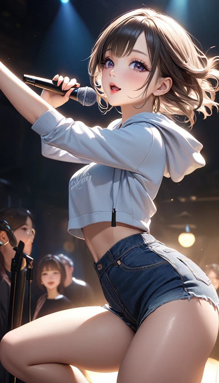 "masterpiece, 1.25, best quality, high resolution:1.35, RAW photo:1.2, photorealistic:1.37, hyper-realistic, 16K, original artwork, ((a pure and modest girl singing in front of a stand microphone)), ((girl singing in a club)), cute face, (long eyelashes, detailed eyelashes), (eyeshadow), (glowing eyes, realistic eyes), (natural makeup, well-defined features), 1: full body (curvy figure, slender body), detailed and beautiful eyes: 1.2, happy expression, Ulzzang, thick thighs, glossy skin, dynamic pose, close-up, cowboy shot, (cropped hoodie), long jeans, showing underarm, cup, photon mapping, professional lighting, symmetrical, graceful."