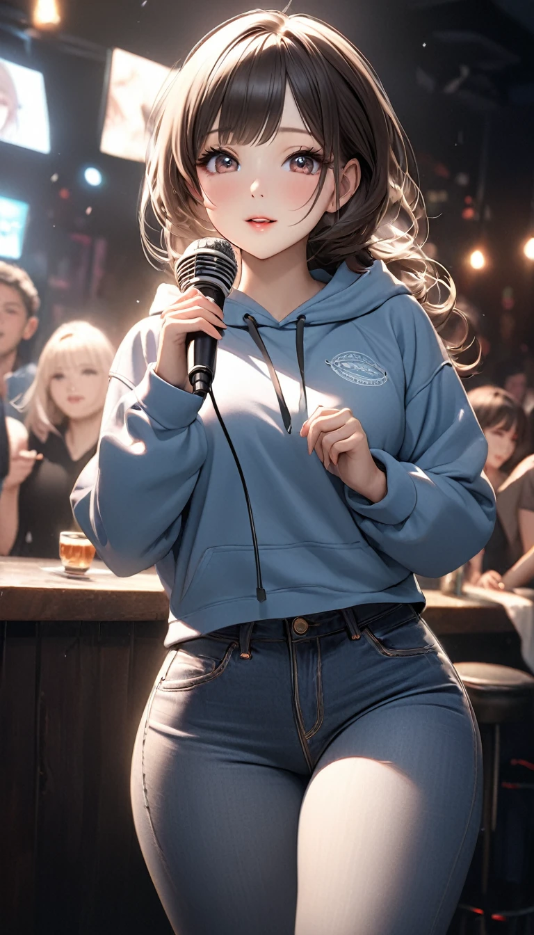 "masterpiece, 1.25, best quality, high resolution:1.35, RAW photo:1.2, photorealistic:1.37, hyper-realistic, 16K, original artwork, ((a pure and modest girl singing in front of a stand microphone)), ((girl singing in a club)), cute face, (long eyelashes, detailed eyelashes), (eyeshadow), (glowing eyes, realistic eyes), (natural makeup, well-defined features), 1: full body (curvy figure, slender body), detailed and beautiful eyes: 1.2, happy expression, Ulzzang, thick thighs, glossy skin, dynamic pose, close-up, cowboy shot, (cropped hoodie), long jeans, showing underarm, cup, photon mapping, professional lighting, symmetrical, graceful."