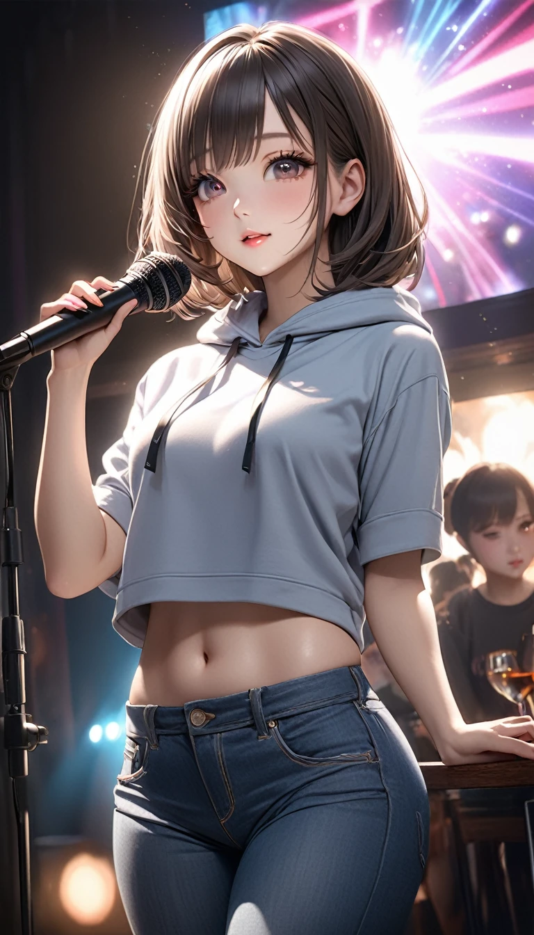 "masterpiece, 1.25, best quality, high resolution:1.35, RAW photo:1.2, photorealistic:1.37, hyper-realistic, 16K, original artwork, ((a pure and modest girl singing in front of a stand microphone)), ((girl singing in a club)), cute face, (long eyelashes, detailed eyelashes), (eyeshadow), (glowing eyes, realistic eyes), (natural makeup, well-defined features), 1: full body (curvy figure, slender body), detailed and beautiful eyes: 1.2, happy expression, Ulzzang, thick thighs, glossy skin, dynamic pose, close-up, cowboy shot, (cropped hoodie), long jeans, showing underarm, cup, photon mapping, professional lighting, symmetrical, graceful."