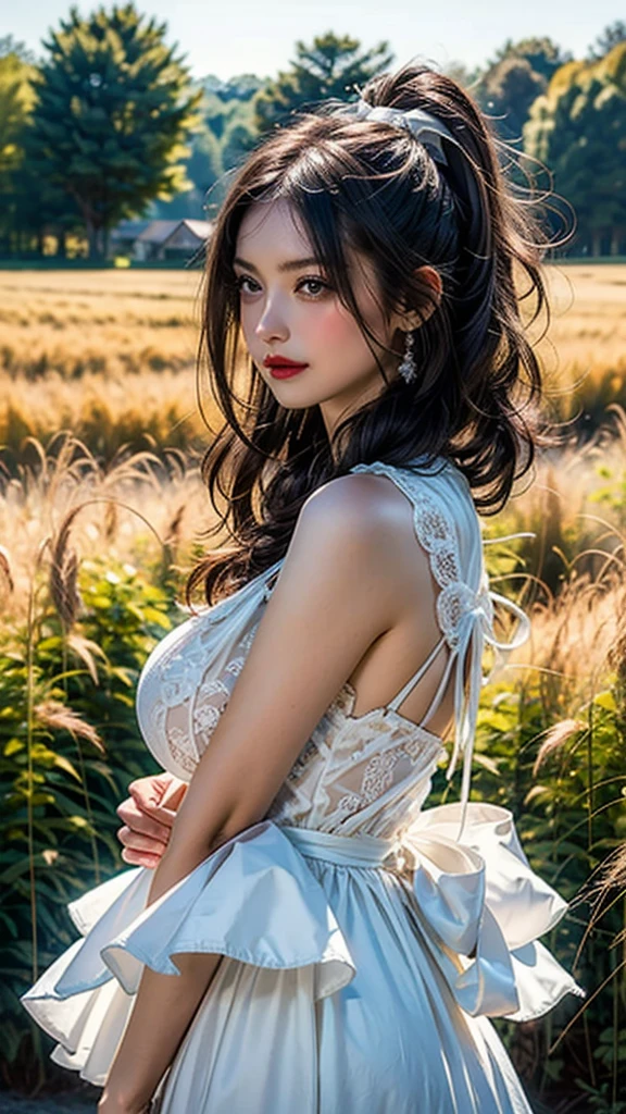 (masterpiece:1.4),, (Highest quality:1.4),, Ultra-high resolution,, 8k, CG,, (Very delicate and beautiful:1.4),, , Upper Body,, From the side,, View your viewers,, , One girl,, alone,, Fashionable Girl,, mature,, , cute, sweet,, , In the wheat field,, Blurred Background,, , Long brown hair,, ponytail,, , Brown eyes,, Mouth closed,, Red lips,, , Face blown by the wind,, , White Dress,, Medium chest,((Saggy big breasts))