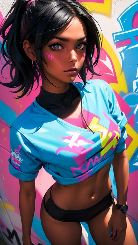 (best quality), (high detail), (vivid colors), (graffiti style), (freestyle), (close up), (1black haired girl), young sexy femal...