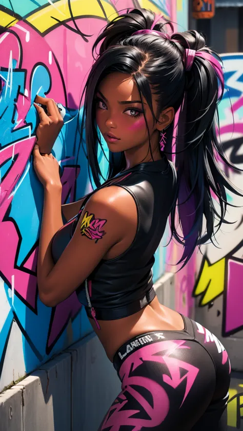 (best quality), (high detail), (vivid colors), (graffiti style), (freestyle), (close up), (1black haired girl), young sexy femal...