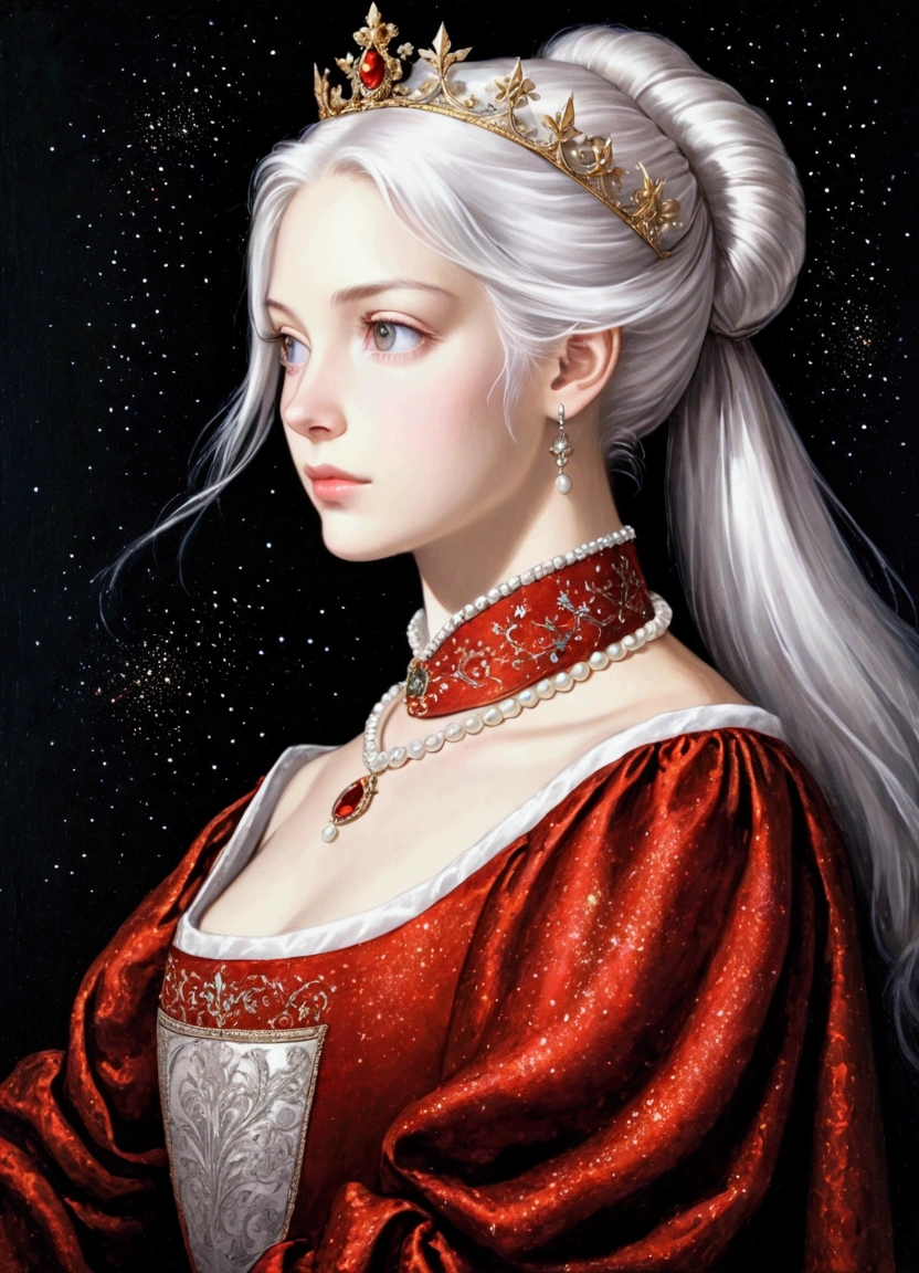 Oil painting, Renaissance, black background. 1girl, solo, upper body, portrait, long hair, white hair, single bun, crown, Medieval dress, off-shoulders, red clothes, pearl choker. Sparkles stars, magic dust.