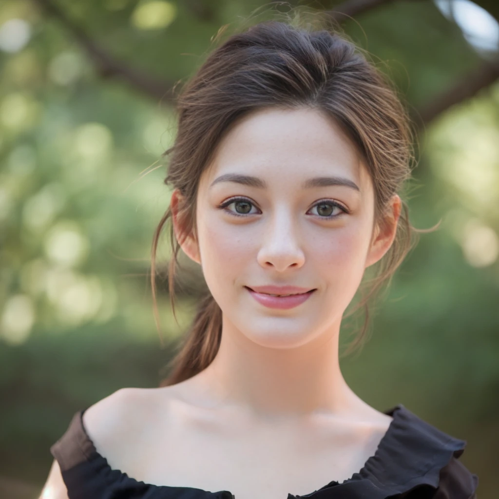 a Close-up portrait of gorgeous smiling cute Japanese woman in a nudity outfit, delicate facial features, porcelain-skinned, ponytail, a fusion of young Marion Cotillard's striking eyes and young Anne Hathaway's introspective gaze, long and slender cute face, Asian winged eyes, wavy nose, full wide lips, flowing very long straight black hair in the air, silhouette, bokeh,