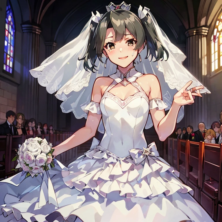 ZuikakuKC,twintails,
(masterpiece:1.4),(best quality:1.4), (premium:1.4), (great illustration:1.4), (ultra-detailed:1.4),(art CG, 8K), KonishiCSA,1girl,solo, 
(princess line wedding dress:1.4),(Happy Smile:1.4),(cry:1.2),KonishiCSA,church,Stained glass,holylight,

