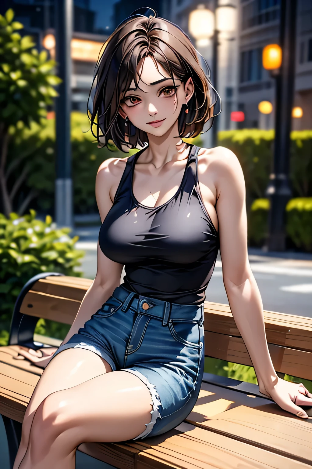 (1 Ultimate Beauty), Very detailedな顔, Beautiful brown eyes, double eyelid, Slightly thick detailed lip, Short black hair, Attractive and sexy, 48 years old, (Tank top, Tight jeans shorts:1.2), Big Breasts, Earrings, (night、Sitting on a bench on a public road), (From head to the hem of the skirt) ,8k, RAW Photos, Highest quality, masterpiece,Highest quality, Perfect lighting, (Realistic:1.4), (Very detailed), (Highest quality), (Best Shadow), (masterpiece), Ultra-high resolution