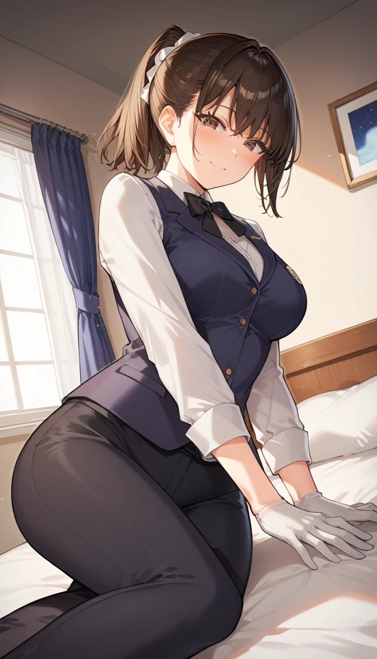 score_9, score_8_up, score_7_up, source_anime, best quality, amazing quality, very aesthetic, 1girl, brown eyes, room, wariza, short black hair, ponytail, portrait, blazer, starshadowmagician, solo, Adult woman, best perfect anatomy, thin, curvy body, medium breasts, close up shot on person, a woman showing happy, light smile, closed mouth, blush, from below, looking at viewer, (lying down, hand between her legs), mature woman laying prone on bed, white shirt, black tie, format black vest, Long-sleeved shirt, white format gloves, black trousers, dynamic angle. perfect dynamic composition, foreshortening, night days, volumetric lighting, dark hotel bedroom background,