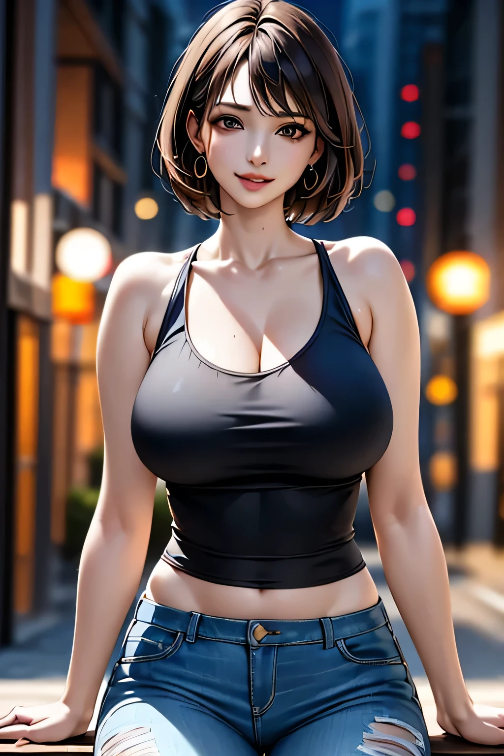 (1 Ultimate Beauty), Very detailedな顔, Beautiful brown eyes, double eyelid, Slightly thick detailed lip, Short black hair, Attractive and sexy, 48 years old, (Tank top, Tight jeans shorts:1.2), Big Breasts, Earrings, (night、Sitting on a bench on a public road), (From head to the hem of the skirt) ,8k, RAW Photos, Highest quality, masterpiece,Highest quality, Perfect lighting, (Realistic:1.4), (Very detailed), (Highest quality), (Best Shadow), (masterpiece), Ultra-high resolution