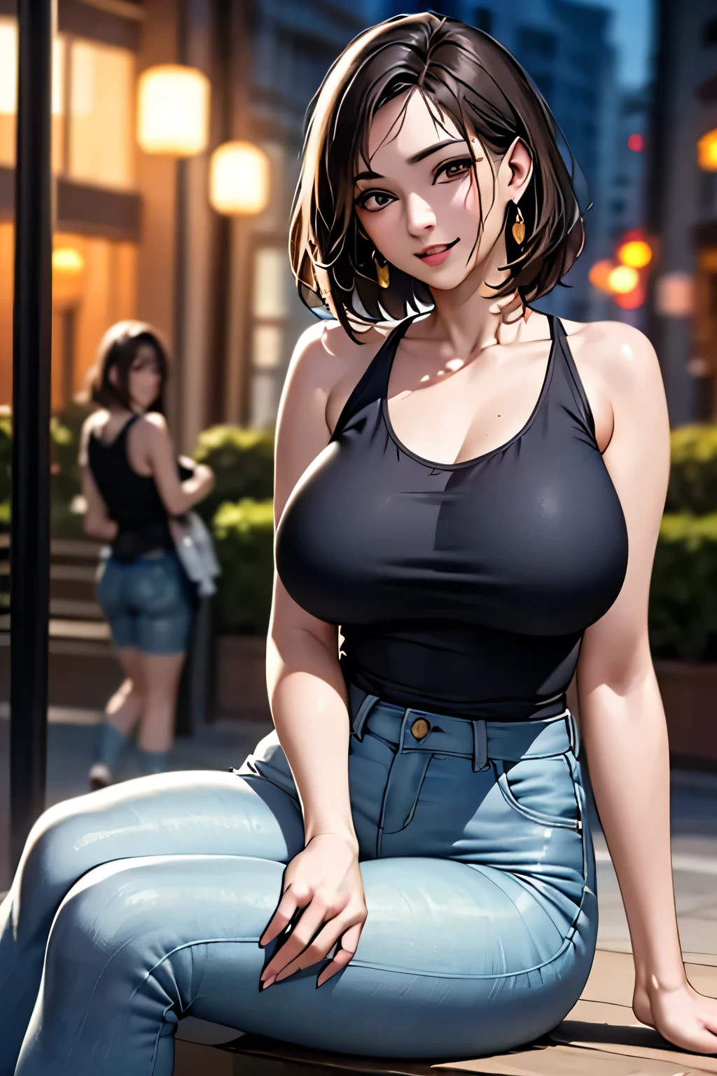 (1 Ultimate Beauty), Very detailedな顔, Beautiful brown eyes, double eyelid, Slightly thick detailed lip, Short black hair, Attractive and sexy, 48 years old, (Tank top, Tight jeans shorts:1.2), Big Breasts, Earrings, (night、Sitting on a bench on a public road), (From head to the hem of the skirt) ,8k, RAW Photos, Highest quality, masterpiece,Highest quality, Perfect lighting, (Realistic:1.4), (Very detailed), (Highest quality), (Best Shadow), (masterpiece), Ultra-high resolution