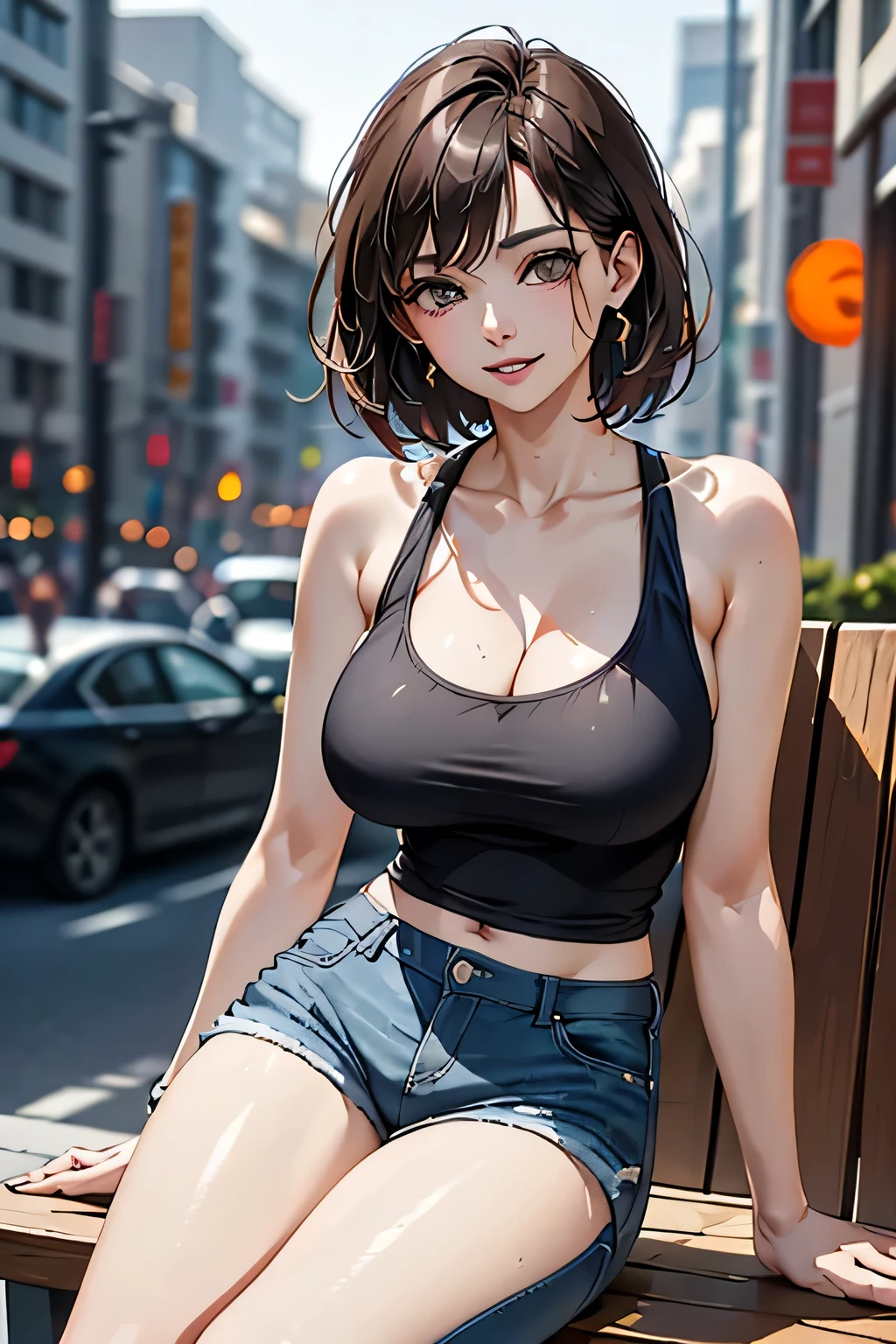 (1 Ultimate Beauty), Very detailedな顔, Beautiful brown eyes, double eyelid, Slightly thick detailed lip, Short black hair, Attractive and sexy, 48 years old, (Tank top, Tight jeans shorts:1.2), Big Breasts, Earrings, (night、Sitting on a bench on a public road), (From head to the hem of the skirt) ,8k, RAW Photos, Highest quality, masterpiece,Highest quality, Perfect lighting, (Realistic:1.4), (Very detailed), (Highest quality), (Best Shadow), (masterpiece), Ultra-high resolution