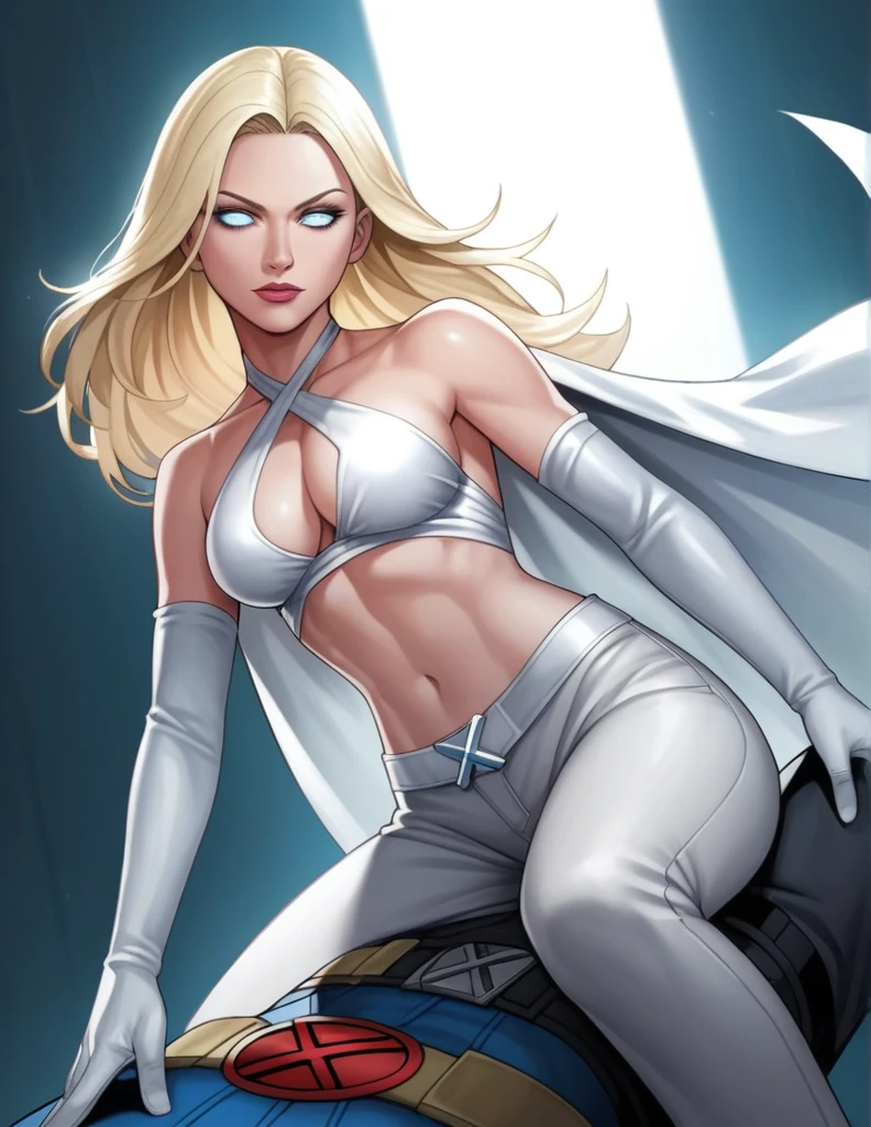 score_9, score_8_up, score_7_up, score_6_up, score_5_up, score_4_up, source_anime,((EF_WntXM_SDXL)), gorgeous emma frost female, beautiful eyes, seductive ,intense gaze,seductive expression,soft lighting,hentai, safe,medium breasts, Emma Frost, bare shoulders, cleavage,(halterneck bikini top, criss-cross halter,criss cross from top to pants ,riding gloves,pants,all white ,(X-MAN)Anime Style, High Details, HD, High Quality,(MARVEL),