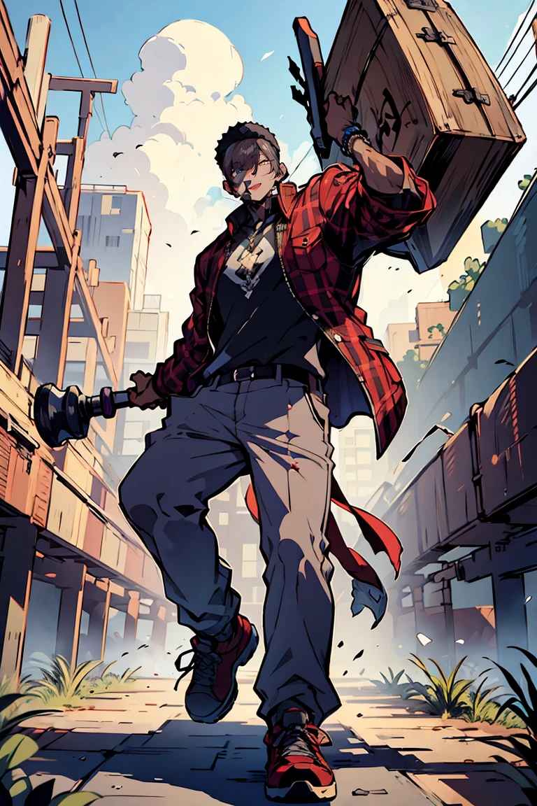 drawing of a black boy with an open plaid shirt, tenis allstar, white undershirt, slim body, holding a giant war hammer with one hand, full body posing