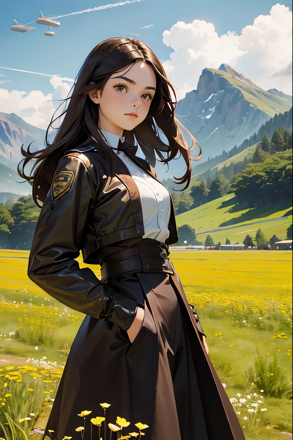 Master piece, 18 years old, young girl, Dark Brown Long hair, posing in front of full view of airship floating. meadow with mountain background.