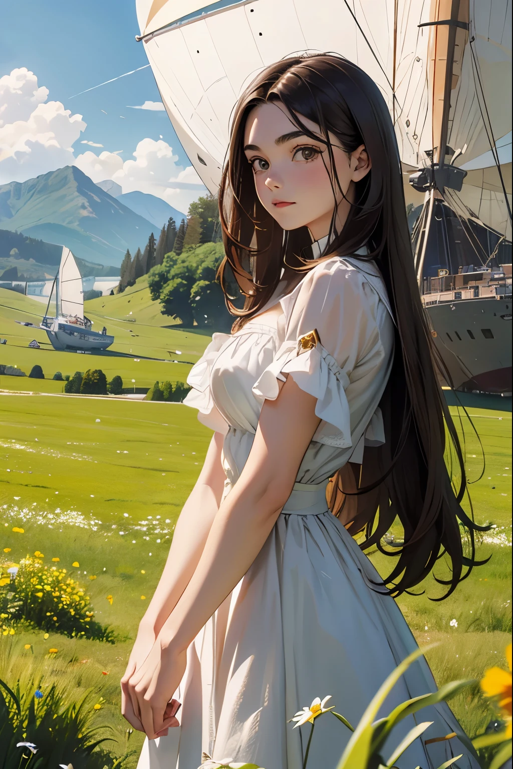 Master piece, 18 years old, young girl, Dark Brown Long hair, posing in front of full view of airship floating. meadow with mountain background.