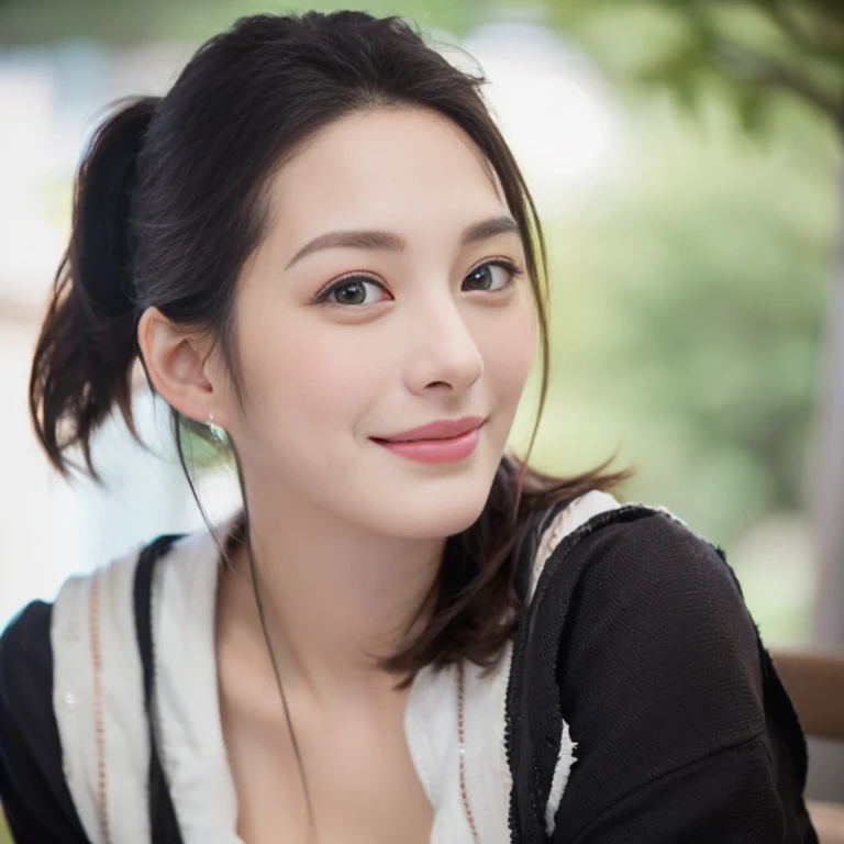 a Close-up portrait of gorgeous smiling cute Japanese woman in a nudity outfit, delicate facial features, porcelain-skinned, ponytail, a fusion of young Marion Cotillard's striking eyes and young Anne Hathaway's introspective gaze, long and slender cute face, Asian winged eyes, wavy nose, full wide lips, flowing very long straight black hair in the air, silhouette, bokeh,