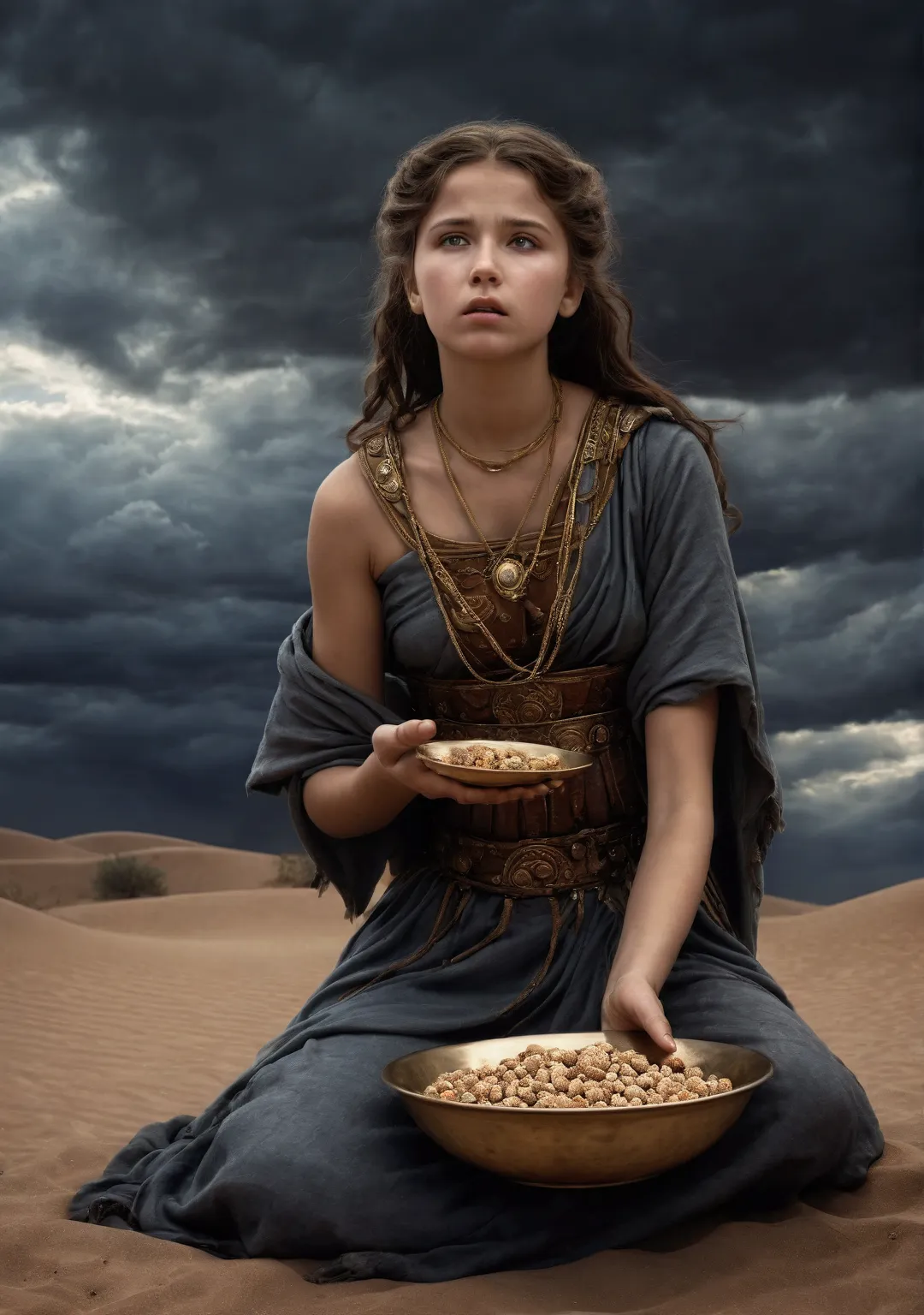 a roman beautiful sweet girl is begging in the desert with a bowl. the sky is covered with dark clouds. hyper-realistic photogra...