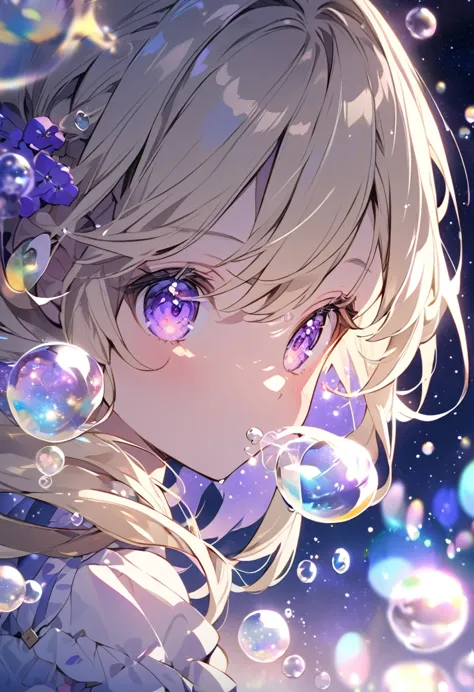 anime style light blonde hair girl with violet color eyes blowing bubbles under the starry sky