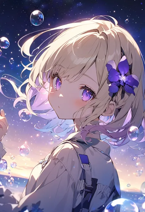 anime style light blonde hair girl with violet color eyes blowing bubbles under the starry sky