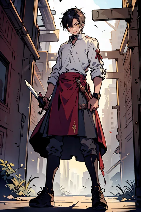 drawing of a boy in a dress shirt, tenis allstar, slim body, holding a claymore sword with one hand, full body posing