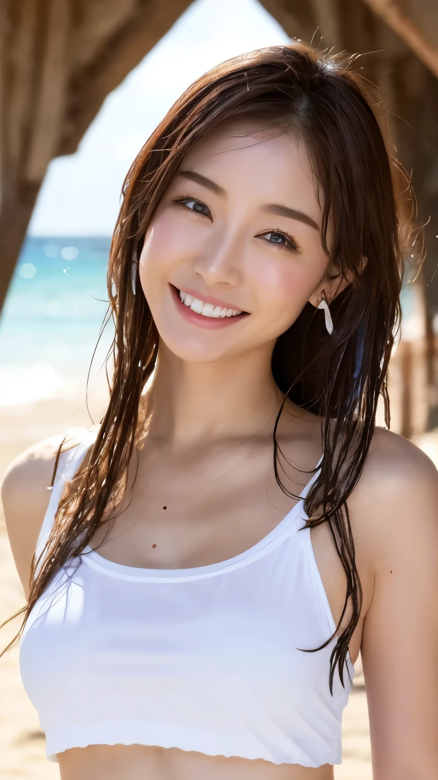 （Vibrant， High resolution：1.3）， 1. Have a perfect body，height１７０CM,Slender body、Large breasts Highly detailed face and eyes，Long Hair，，Beach、(( smile )) Wet、white cropped T-shirt 、Thong,,,Brown Skin、Have sunburn marks、I&#39;m sweating a lot、、Full body shot、Kneeling、Sexy pose),
