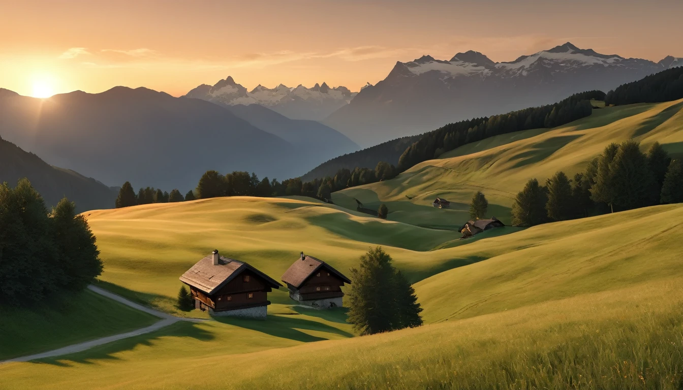 Alpine Village,Switzerland, Grasslands rich in nature, the way, Summer day, Golden sunset, (Highest quality,4K,8k,High resolution,masterpiece:1.2),Very detailed,(Realistic,photoRealistic,photo-Realistic:1.37),High resolution,超High resolution,Studio Lighting,Vibrant colors,Professional