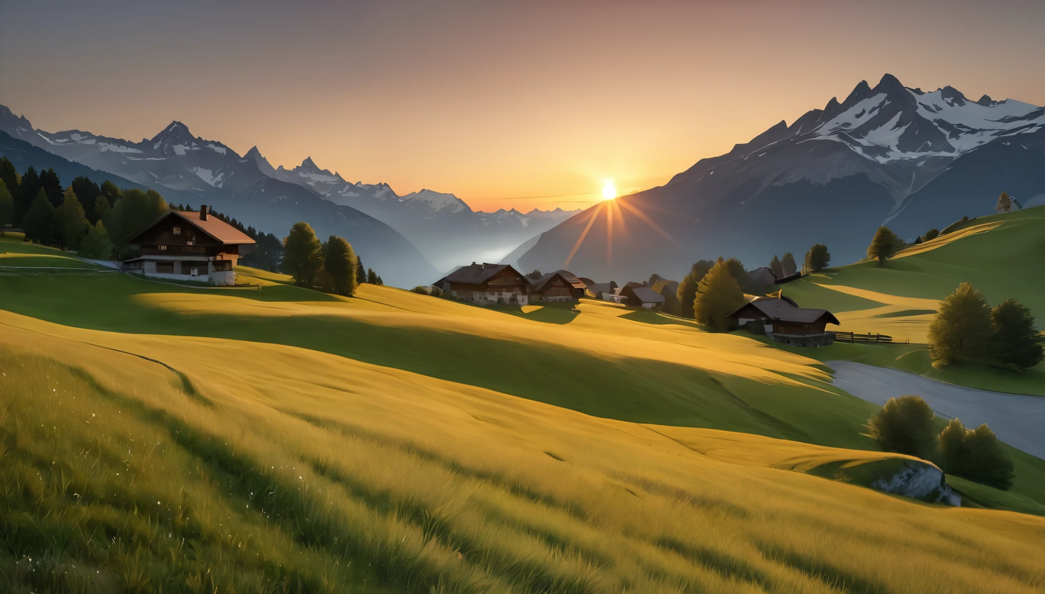 Alpine Village,Switzerland, Grasslands rich in nature, the way, Summer day, Golden sunset, (Highest quality,4K,8k,High resolution,masterpiece:1.2),Very detailed,(Realistic,photoRealistic,photo-Realistic:1.37),High resolution,超High resolution,Studio Lighting,Vibrant colors,Professional