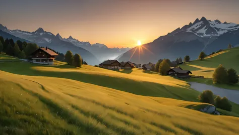 alpine village,switzerland, grasslands rich in nature, the way, summer day, golden sunset, (highest quality,4k,8k,high resolutio...