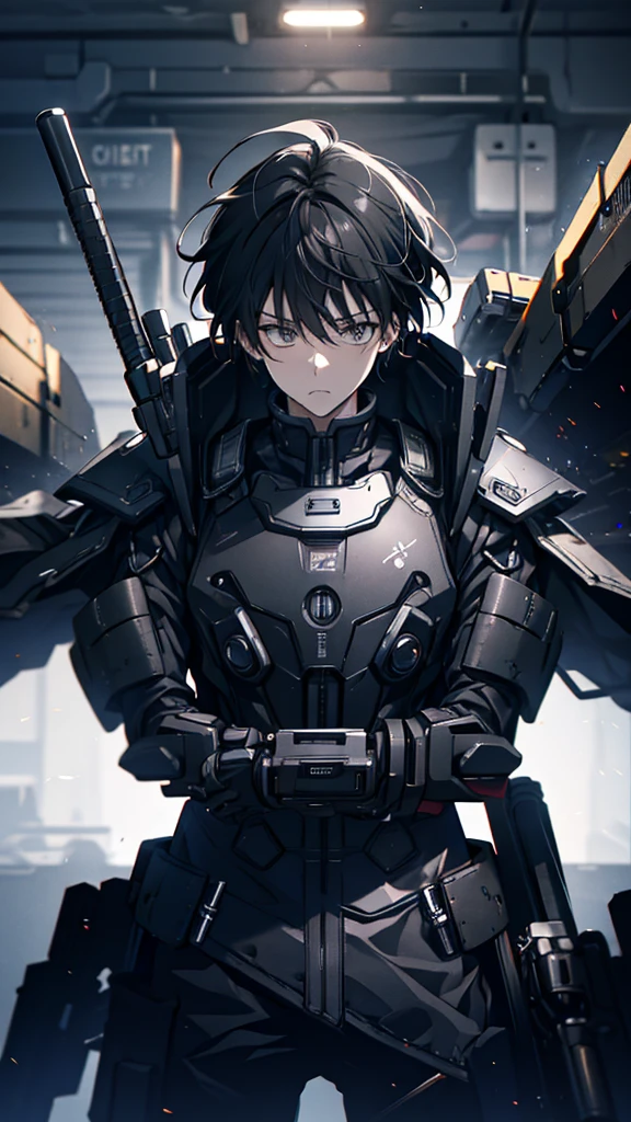 silence，Looking at the items in the warehouse，Warehouse full of supplies，It's dark all around，End of the World，an adult male，youth，Black short hair，look around，Wearing a sophisticated dark gray mecha armor suit，The armor suit has huge and thick limbs，Only the male youth’s hair and face are exposed，Upper body close-up