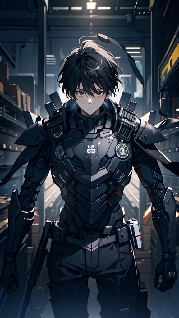 silence，Looking at the items in the warehouse，Warehouse full of supplies，It's dark all around，End of the World，an adult male，youth，Black short hair，look around，Wearing a sophisticated dark gray mecha armor suit，The armor suit has huge and thick limbs，Only the male youth’s hair and face are exposed，Upper body close-up